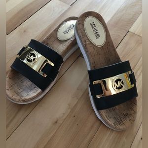 Michael kors black and gold slip-on sandals